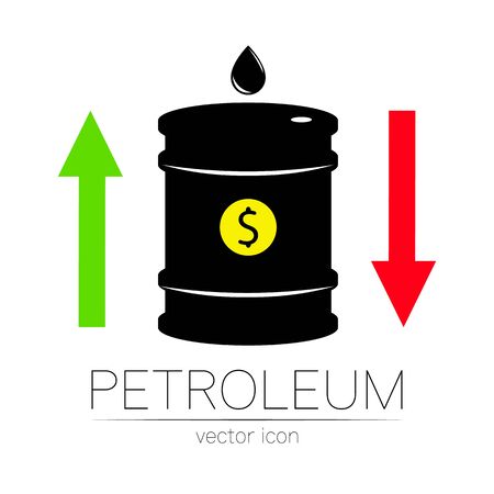 Vector sign of oil. Statistics dollar up and down, global financial crisis. Black symbol petroleum isolated on white background. Barrel silhouette and spot liguid. Industry of explorationのイラスト素材