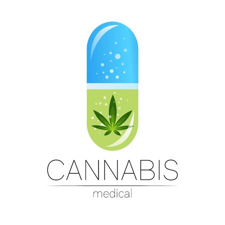 Cannabis in the tablet pill capsule vector logotype for medicine and doctor. Medical marijuana symbol. Pharmaceuticals with plant and leaf for health. Concept sign of green herb. Green on white.のイラスト素材