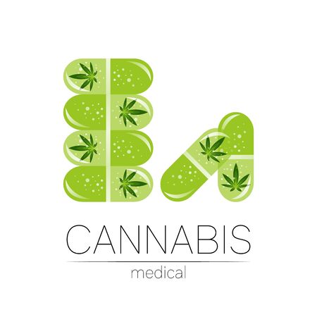 Green Cannabis in the tablet pill capsule vector logotype for medicine and doctor. Medical marijuana symbol. Pharmaceuticals with plant and leaf for health. Concept sign of green herb.のイラスト素材