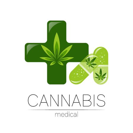 Cannabis in the tablet pill capsule with cross vector logotype for medicine and doctor. Medical marijuana symbol. Pharmaceuticals with plant and leaf for health. Concept sign of green herb. Greenのイラスト素材