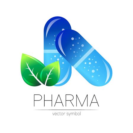 Pharmacy vector symbol with green leaf for pharmacist, pharma store, doctor and medicine. Modern design vector logo on white background. Pharmaceutical blue icon logotype tablet pill capsule. Healthのイラスト素材