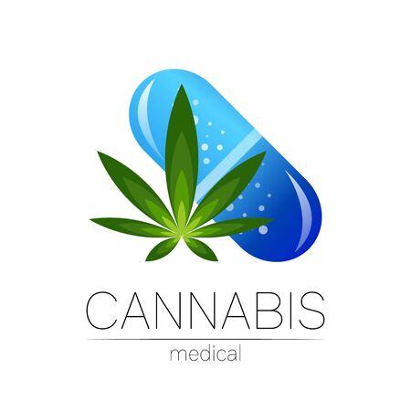 Cannabis vector  for medicine and doctor. Medical marijuana symbol. Pharmaceuticals with plant and leaf for health. Concept sign of green herb. Green on white. Icon of tablet pill capsuleのイラスト素材