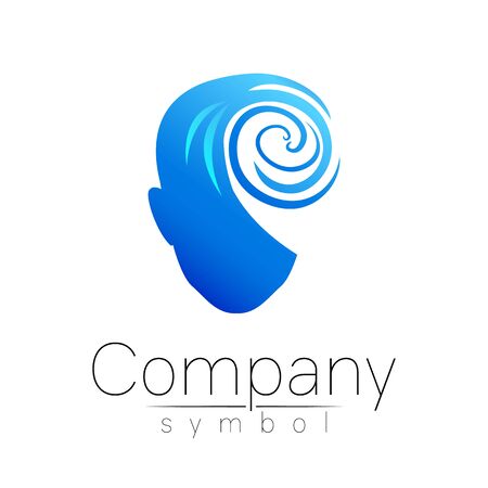 Vector symbol of human head. Person face. Blue color isolated on white. Concept sign for business, science, psychology, medicine, technology. Creative sign design Man silhouette.のイラスト素材