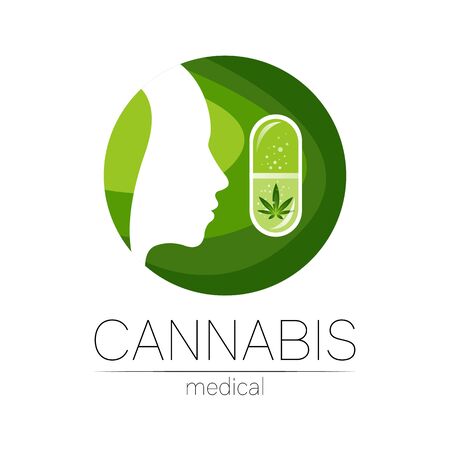 Cannabis in the tablet pill capsule vector logotype for medicine and doctor. Medical marijuana symbol. Pharmaceuticals with plant and leaf for health. . Profile human silhouette head in green circleのイラスト素材