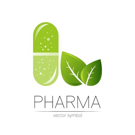 Pharmacy vector symbol with green leaf for pharmacist, pharma store, doctor and medicine.のイラスト素材