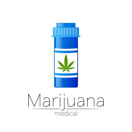 Cannabis vector for medicine and doctor. Medical marijuana symbol with pill bottle. Pharmaceuticals with plant and leaf for health. Concept sign of green herb. Green color on white.のイラスト素材