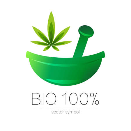 Green cannabis herbal bowl vector logotype. Concept symbol for medical, clinic, pharmacy business or shop. Nature marijuana design with leaf element. Creative ECO label or logo. Herbal therapy.のイラスト素材