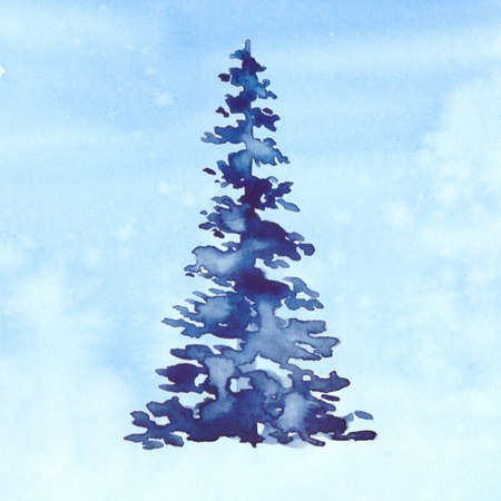 Blue watercolor Christmas pine tree element on watercolour snowing background. Xmas holiday decorative winter spruce. Concept eve for greeting card. New year party painting fir shape.の写真素材
