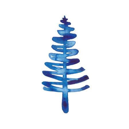 Blue watercolor Christmas pine tree element on white background. Xmas holiday decorative winter spruce. Concept eve for greeting card. New year party painting fir shape. Hand painted festive designの写真素材