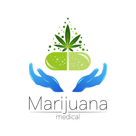 Vector Silhouette of a Hemp Leaf. Cannabis sativa or Cannabis indica. Medical pharmacy symbol with herbal plant leaves silhouette. Pill bottle with medical marijuana pills vector illustration.のイラスト素材