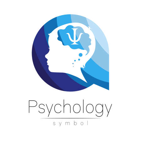 Child logotype in vector with psychology sign in few blue colors circle. Silhouette profile human head. Concept logo for people, children, autism, kids, therapy, clinic, education. Template symbolのイラスト素材