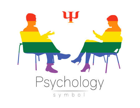 The psychologist and the client. Psychotherapy. Psycho therapeutic session. Psychological counseling. Man woman talking while sitting. Silhouette Rainbow color profile. Modern symbol logo Concept lgbtのイラスト素材
