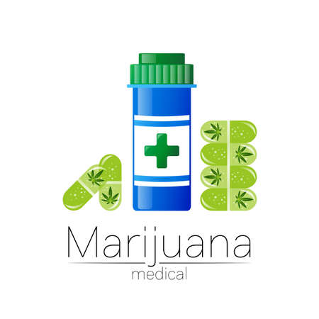 Medical cannabis symbol in vector. Logotype for marijuana, nature herbal medicine, therapy, doctors and store, business. Isolated on white background. Blue and green color. ew capsulesのイラスト素材
