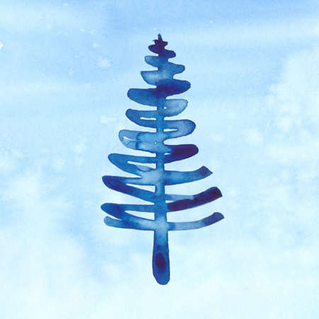 Blue watercolor Christmas pine tree element on watercolour snowing background. Xmas holiday decorative winter spruce. Concept eve for greeting card. New year party painting fir shape.の写真素材