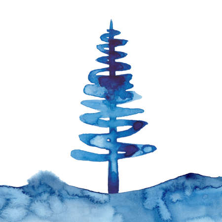 Watercolor style XMAS pine tree and snow isolated illustration of Christmas New Year. Blue color. Brush painting Christmas fir illustration on paper. Drawing spruce. Winter decoration symbol.の写真素材