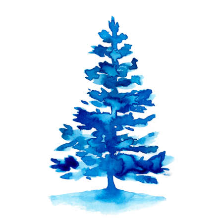 Watercolor winter blue christmas fir tree isolated on white background. Hand painting Illustration for print, texture, wallpaper or element. Beautiful watercolour art. Minimal styleの写真素材