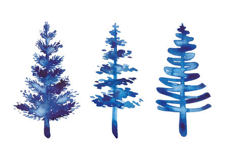 Set Christmas Watercolour Blue Tree Design Background of three blue watercolor Christmas pine tree element on white background. Xmas holiday decorative winter spruce.の写真素材