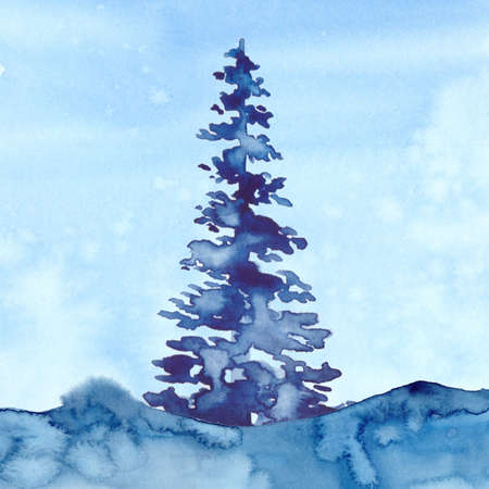 Christmas Watercolour Blue Tree Design Background in Watercolor style XMAS pine tree and snow illustration of Christmas New Year. Blue color aquarelle background. Brush painting Christmas firの写真素材
