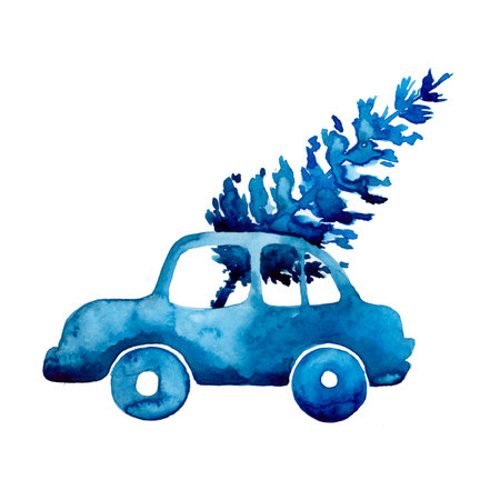 Watercolor winter christmas tree isolated on white background. Hand painting Illustration spruce for print, texture, wallpaper or greeting card. Blue color. Beautiful watercolour art. And Carの写真素材