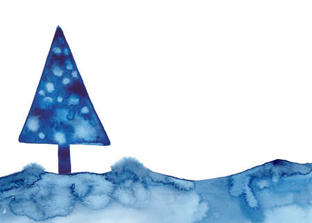 Christmas Watercolour Blue Tree Design Background in Watercolor style XMAS pine tree and snow isolated illustration of New Year. . Brush painting Christmas fir illustration on paper. Drawing spruce.の写真素材