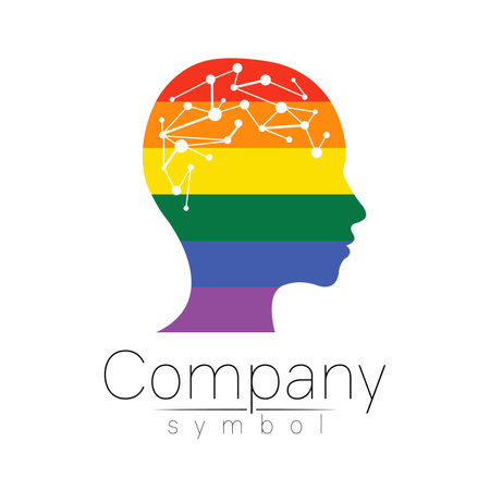 Vector logotype symbol of human head. Profile face logo. Rainbow color isolated on white . Concept sign for business, science, psychology, medicine, LGBT. Creative sign design Man silhouette and brainのイラスト素材