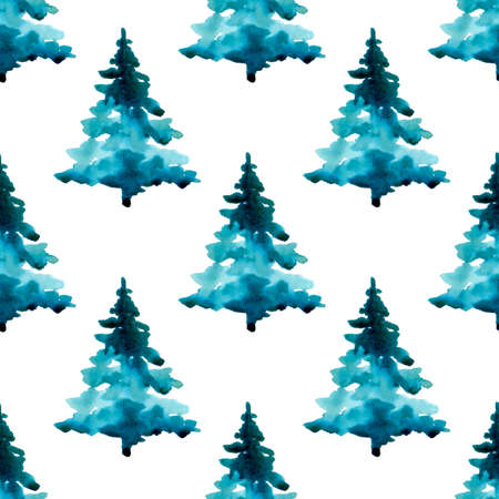 XMAS watercolor Pine Tree Seamless Pattern in Blue Color. Hand Painted fir tree background or wallpaper for Ornament, Wrapping or Christmas Giftの写真素材