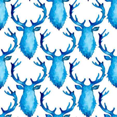 Reindeer XMAS watercolor Deer Stag eamless Pattern in Blue Color. Hand Painted Animal Moose background or wallpaper for Ornament, Wrapping or Christmas Giftの写真素材
