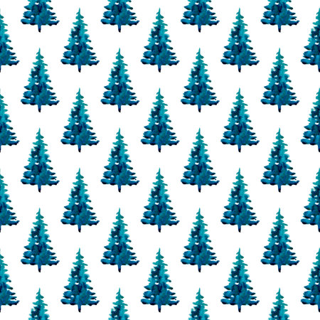 XMAS watercolor Pine Tree Seamless Pattern in Blue Color. Hand Painted fir tree background or...