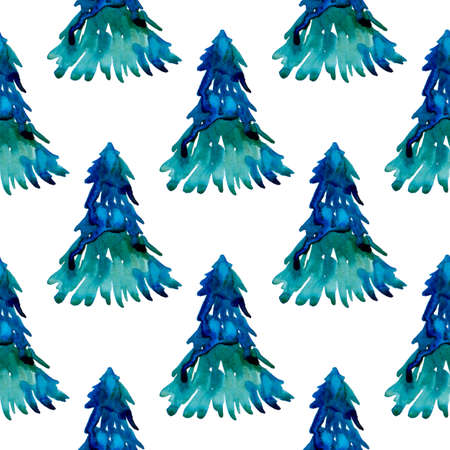 XMAS watercolor Pine Tree Seamless Pattern in Blue Color. Hand Painted fir tree background or wallpaper for Ornament, Wrapping or Christmas Giftの写真素材