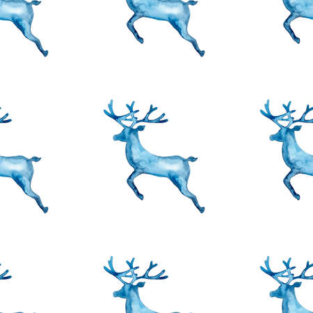 Reindeer XMAS watercolor Deer Stag eamless Pattern in Blue Color. Hand Painted Animal Moose background or wallpaper for Ornament, Wrapping or Christmas Giftの写真素材