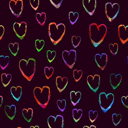 Watercolor Brush Heart Seamless Pattern Love Grange Hand Painted Design in Rainbow Color. Modern Grung Collage Background for kids fabric and textileの写真素材