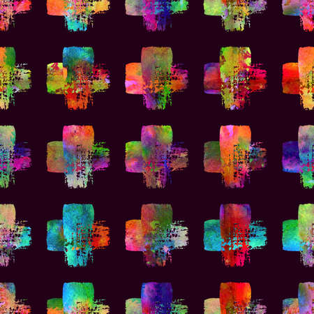 Watercolor Brush Cross Seamless Pattern Grange Geometric Design in Rainbow Color. Modern Grung Collage Backgroundの写真素材