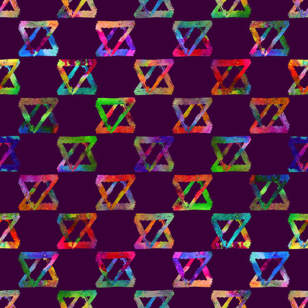 seamless pattern brush colorful triangle. Rainbow color on violet background. Hand painted grange...
