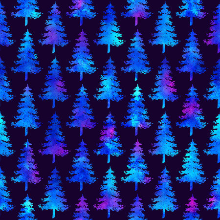 XMAS watercolour Fir Tree Seamless Pattern in White Color on Dark Blue background. Hand-Painted Spruce Pine tree wallpaper for Ornament, Wrapping or Christmas Decorationの写真素材