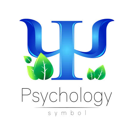 Modern Vector logo of Psychology Letter Psi with Leaves in Creative style. Logotype in vector. Design concept. Brand company. Blue color on white background.のイラスト素材