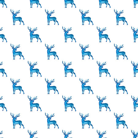 Reindeer XMAS watercolor Deer Stag eamless Pattern in Blue Color. Hand Painted Animal Moose...