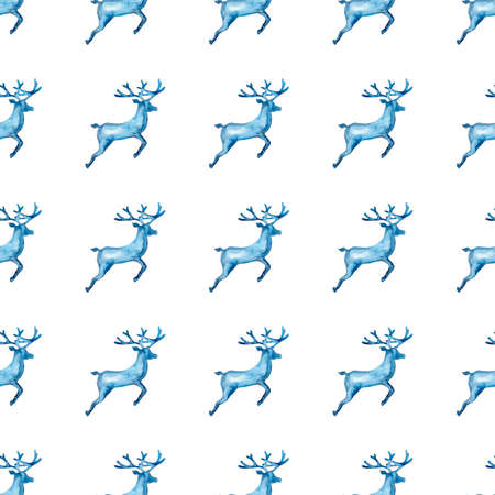 Reindeer XMAS watercolor Deer Stag eamless Pattern in Blue Color. Hand Painted Animal Moose background or wallpaper for Ornament, Wrapping or Christmas Giftの写真素材
