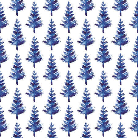 XMAS watercolor Fir Tree Seamless Pattern in Blue Color. Hand Painted Spruce Pine tree background or wallpaper for Ornament, Wrapping or Christmas Decorationの写真素材