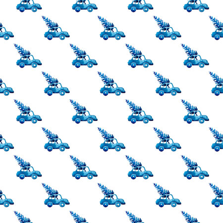 XMAS watercolor Pine Tree and Car Seamless Pattern in Blue Color. Hand Painted fir tree background or wallpaper for Ornament, Wrapping or Christmas Giftの写真素材