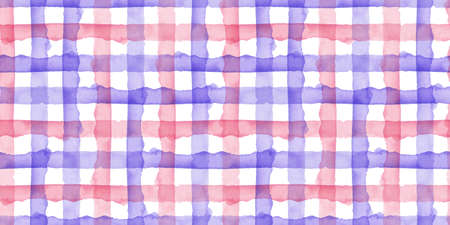 Watercolor Pink Blue Check Geometric Seamless Pattern Background. Plaid in Watercolour Color. Hand Painted Simple Design with Stripes.の写真素材