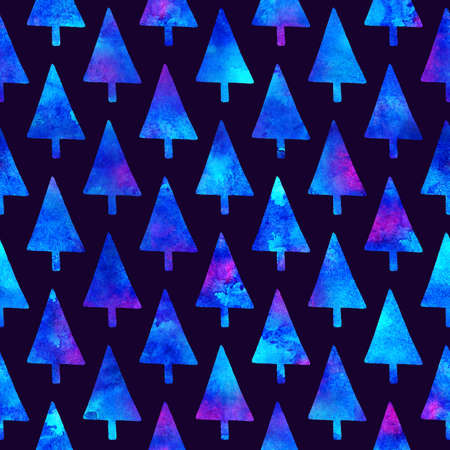 XMAS watercolour Fir Tree Seamless Pattern in White Color on Dark Blue background. Hand-Painted Spruce Pine tree wallpaper for Ornament, Wrapping or Christmas Decorationの写真素材