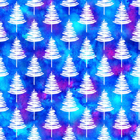 XMAS watercolour Fir Tree Seamless Pattern in White Color on Blue watercolor background. Hand-Painted Spruce Pine tree wallpaper for Ornament, Wrapping or Christmas Decorationの写真素材