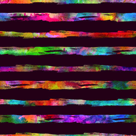 Watercolour Brush Stripes Seamless Pattern Grange Geometric Design in Rainbow Color. Watercolor Modern Strokes Grung Collage on Dark Violet Backgroundの写真素材