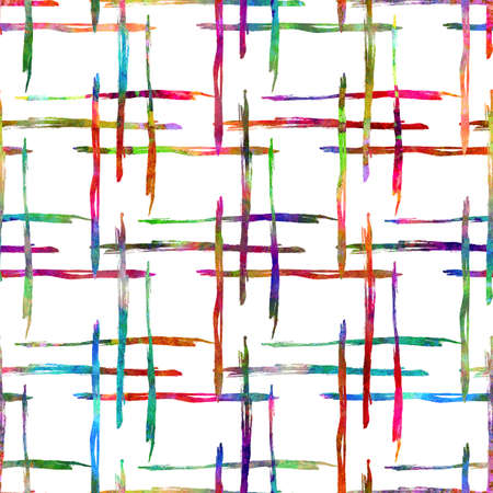 Watercolor Brush Plaid Seamless Pattern Grange Check Geometric Design in Rainbow Color. Modern Strokes Grung Collage Background for kids fabric and textileの写真素材