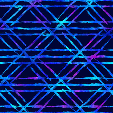 Watercolor Brush Plaid Seamless Pattern Hand Painted Check Grange Geometric Design in Blue Color. Modern Strokes and Stripesの写真素材