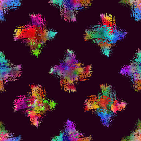 Watercolor Brush Cross Seamless Pattern Grange Geometric Design in Rainbow Color. Modern Grung Collage on Dark Violet Backgroundの写真素材