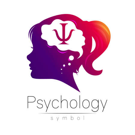 Modern logo Kid Girl head and letter Psi inside brain . Logotype sign of Psychology. Profile Human. Violet color isolated on white. Creative style. Symbol in vector. Design concept.のイラスト素材