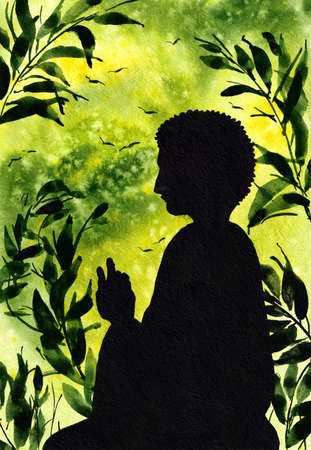 Sitting Buddha Watercolor Painting Original Art Artistic Illustration of Indian, Buddhism, Spiritual motifs. Can be used for Background Print and Yoga wallpaperの写真素材