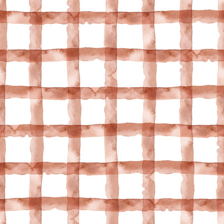 Brown Plaid Abstract Watercolor Geometric Background. Seamless Pattern with Stripes and Check. Handmade Texture for Fabric Design and Paper Wallpaper.の写真素材