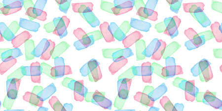 Hand Painted Brush Stroke Seamless Watercolor Pattern. Abstract watercolour shapes in Blue Purple and Green Color. Artistic Design for Fabric and Backgroundの写真素材